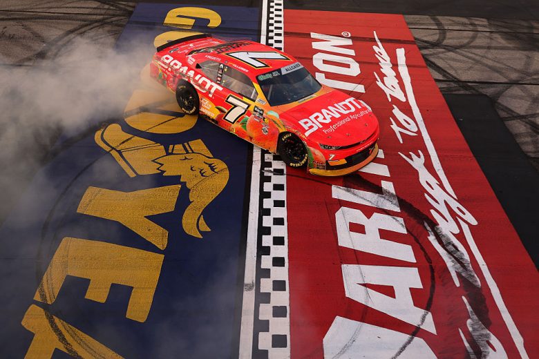 Justin Allgaier does a burnout at Darlington.
