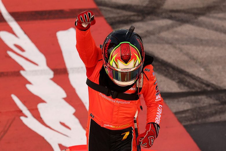Justin Allgaier celebrates after winning at Darlington.