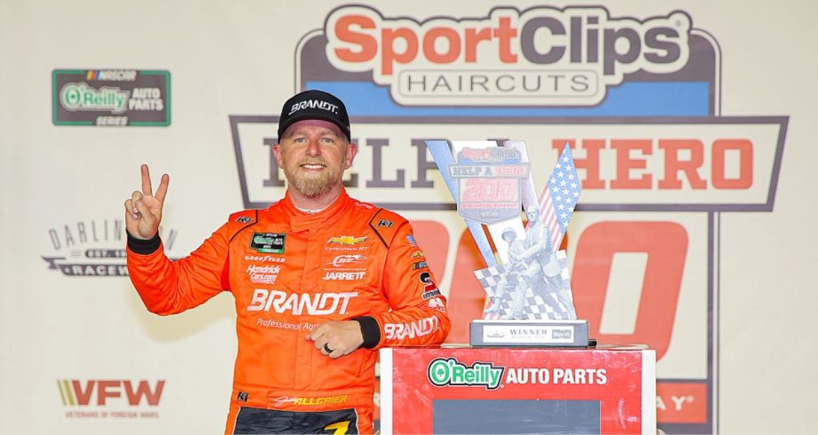 Justin Allgaier celebrates in Victory Lane at Darlington.