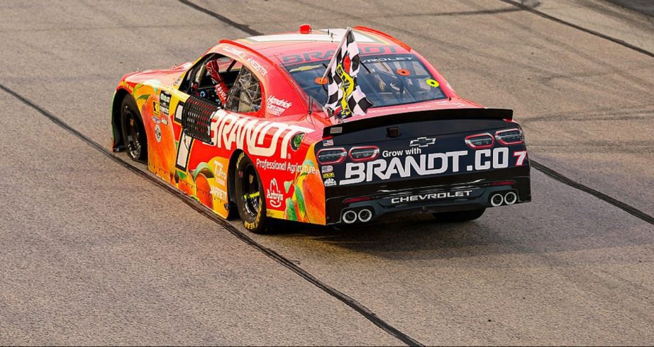 Justin Allgaier celebrates after winning at Darlington.