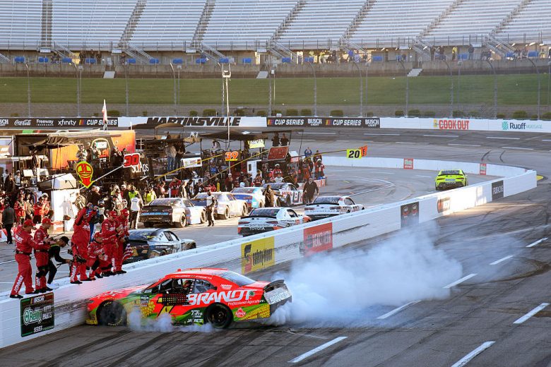 Justin Allgaier does a burnout at Martinsville.