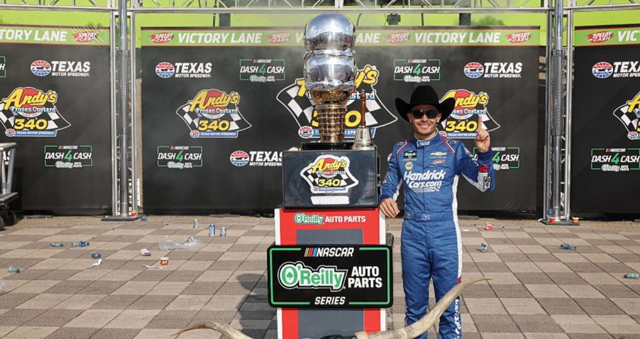 Kyle Larson celebrates in Victory Lane at Texas.