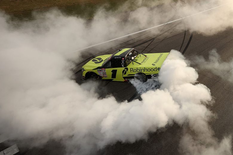 Corey Heim does a burnout at Rockingham.