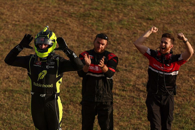 Corey Heim celebrates after winning at Rockingham.