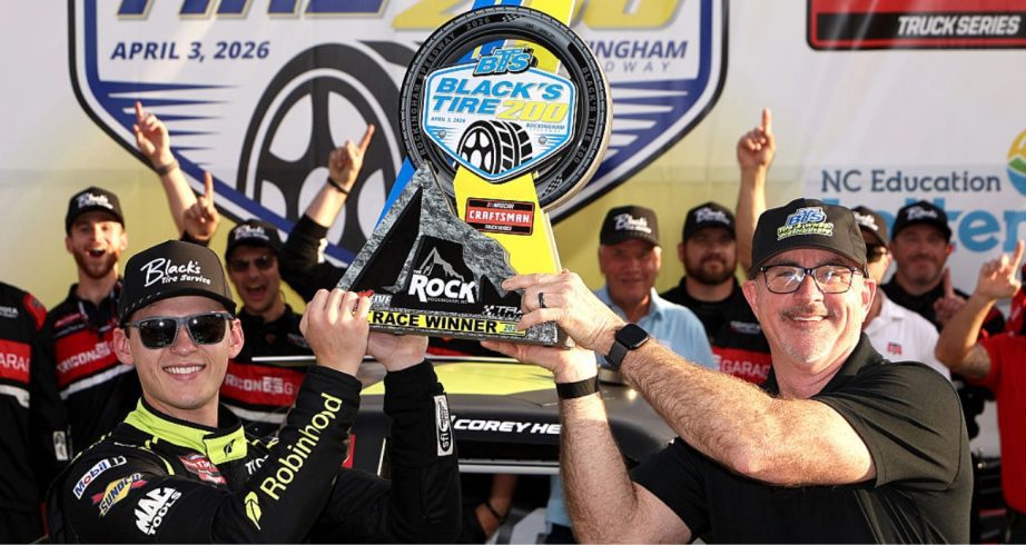 Corey Heim celebrates in Victory Lane at Rockingham.