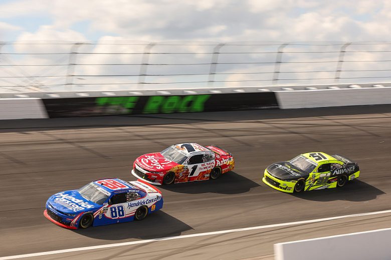 Rajah Caruth, Carson Kvapil and Jeremy Clements drive at Rockingham.