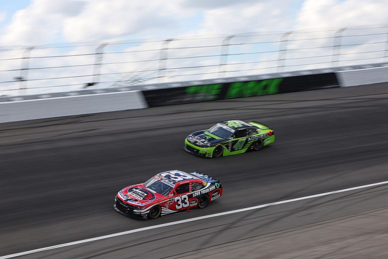 Cleetus McFarland and Sam Mayer drive at Rockingham.