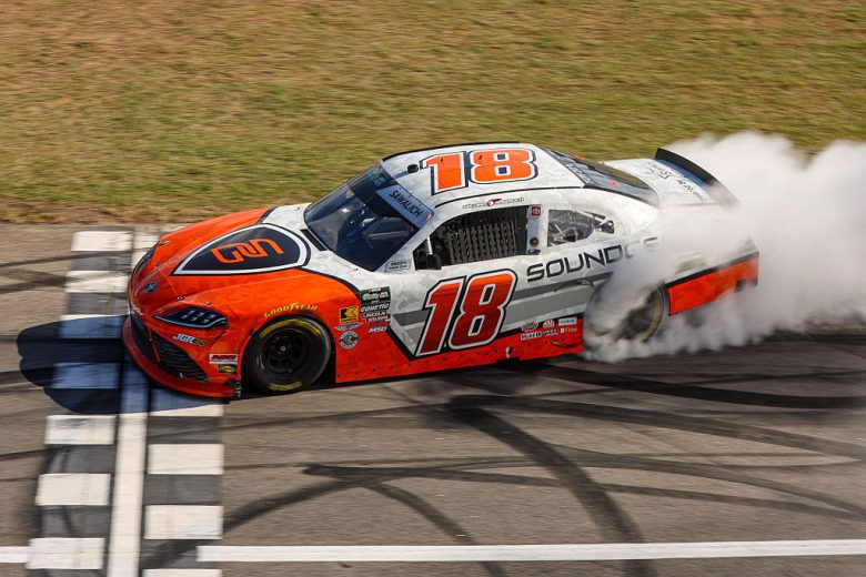William Sawalich does a burnout at Rockingham.