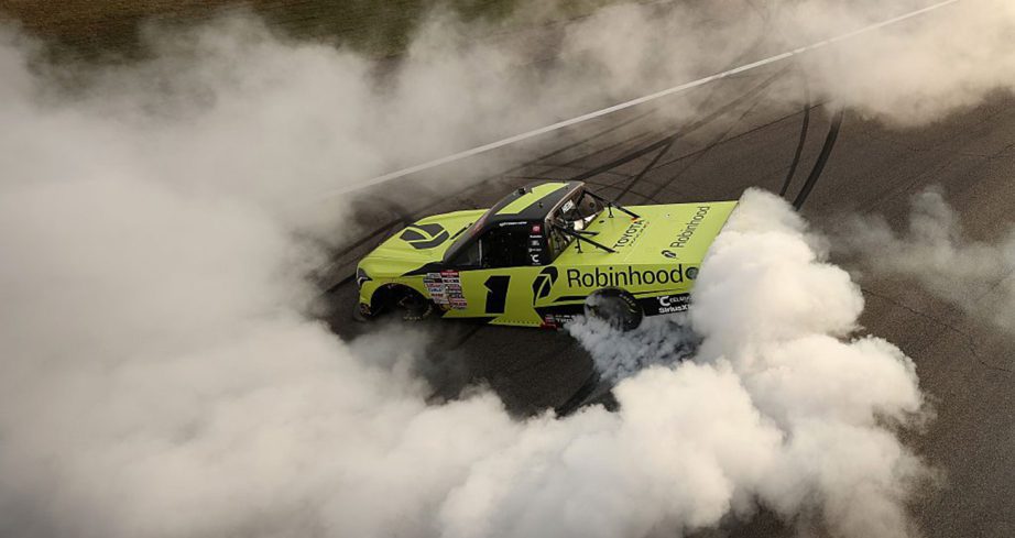 Corey Heim does a burnout.