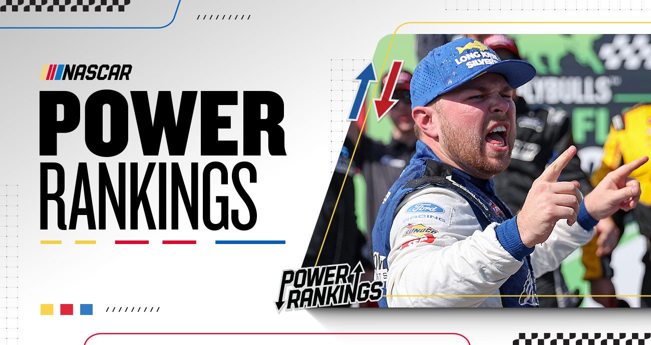 A Power Rankings graphic depicting Layne Riggs celebrating after his NASCAR Craftsman Truck Series win at St. Petersburg.