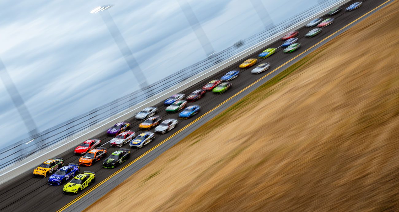 NASCAR racing at Daytona on a superspeedway.