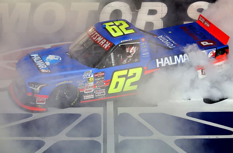 Christopher Bell celebrates with a burnout after winning at Bristol.