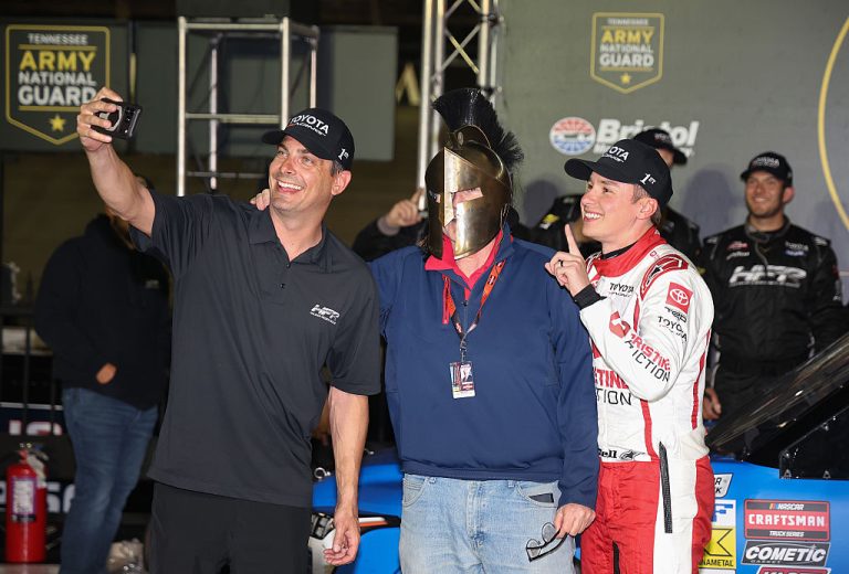 Stewart-Friesen, Chris Larsen and Christopher Bell celebrate in Victory Lane at Bristol.