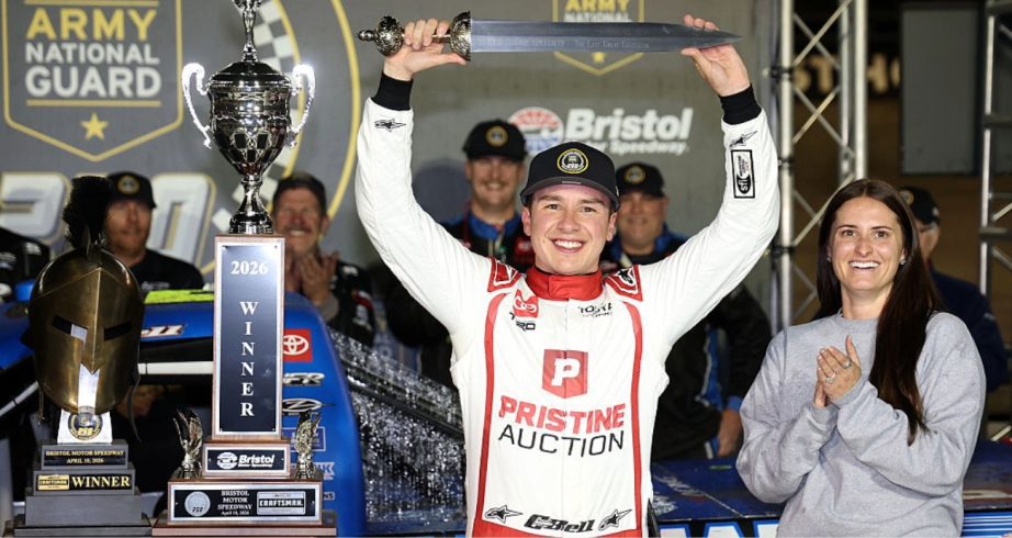 Christopher Bell celebrates in Victory Lane at Bristol.