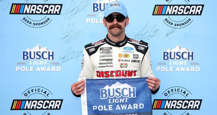 Ryan Blaney celebrates after winning the pole at Bristol.