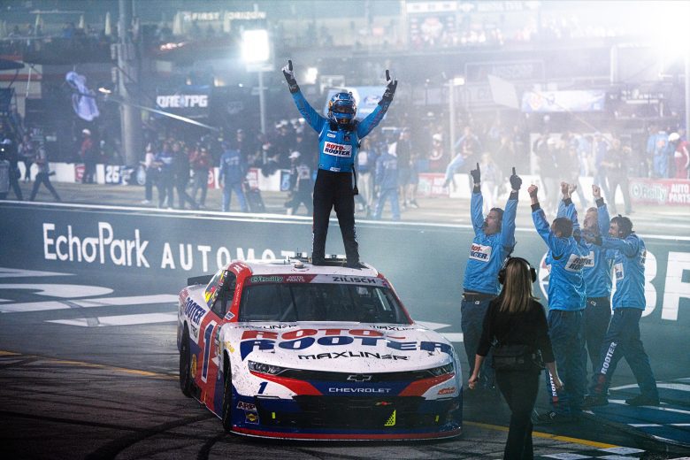 Connor Zilisch celebrates after winning at Bristol.