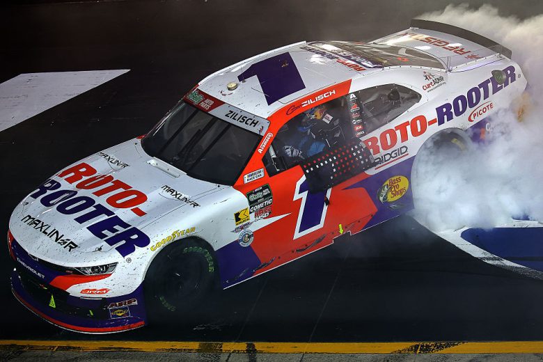Connor Zilisch celebrates after winning at Bristol.