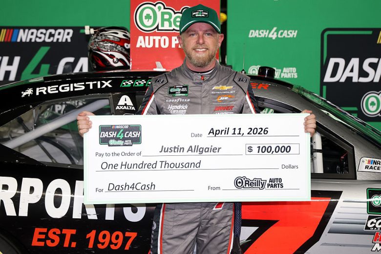 Justin Allgaier celebrates after winning Dash 4 Cash.
