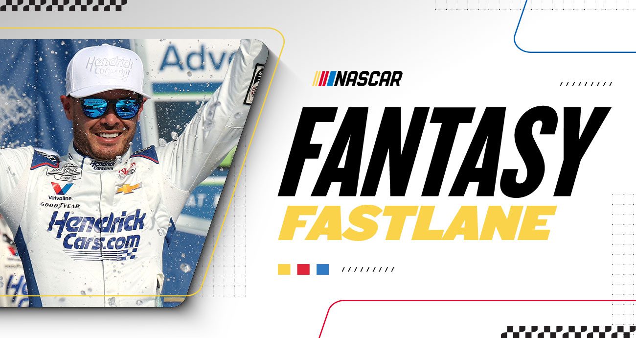 A Fantasy Fastlane graphic with Kyle Larson celebrating at Kansas Speedway.