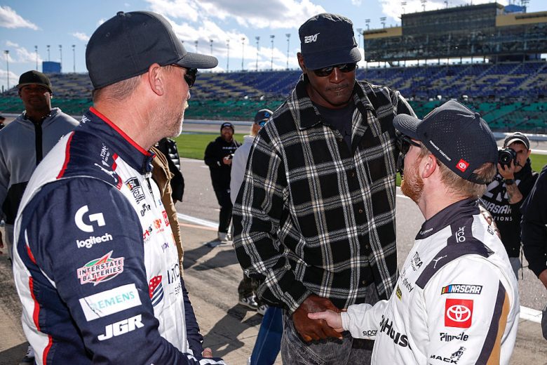 Denny Hamlin, Michael Jordan and Tyler Reddick talk at Kansas.