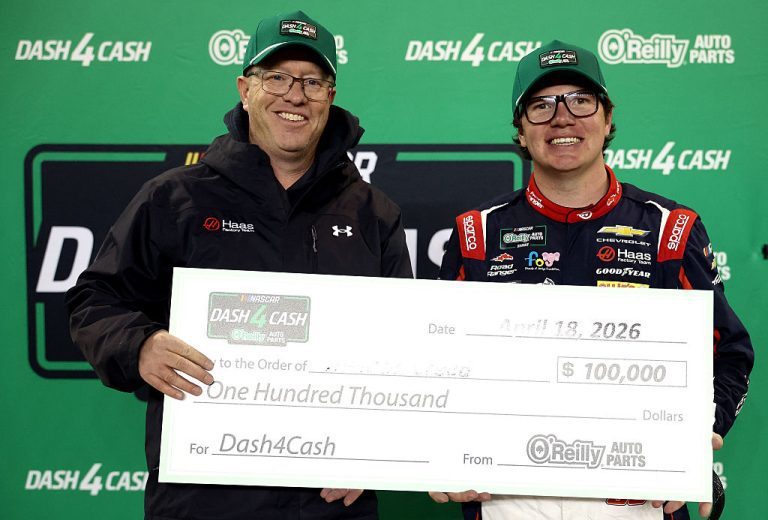 Jonathan Toney and Sheldon Creed celebrate after winning Dash 4 Cash.