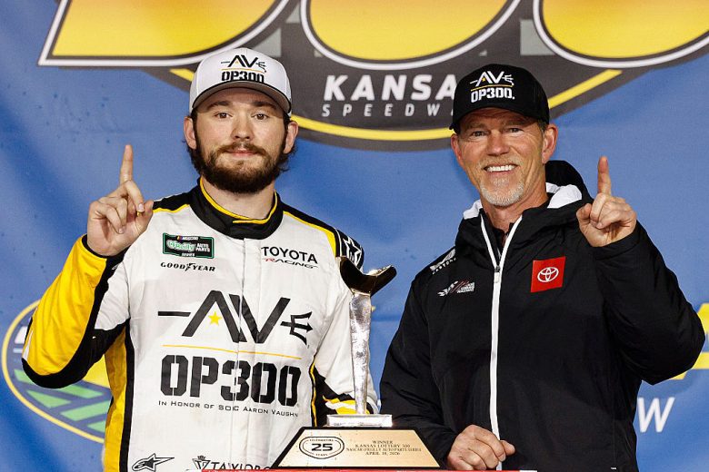Taylor Gray and Jason Ratcliff celebrates in Victory Lane at Kansas.