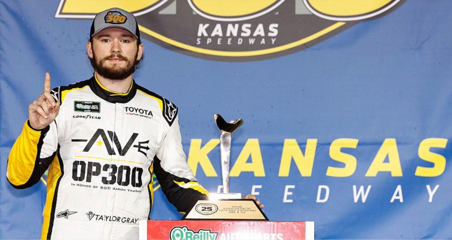 Taylor Gray celebrates in Victory Lane at Kansas.