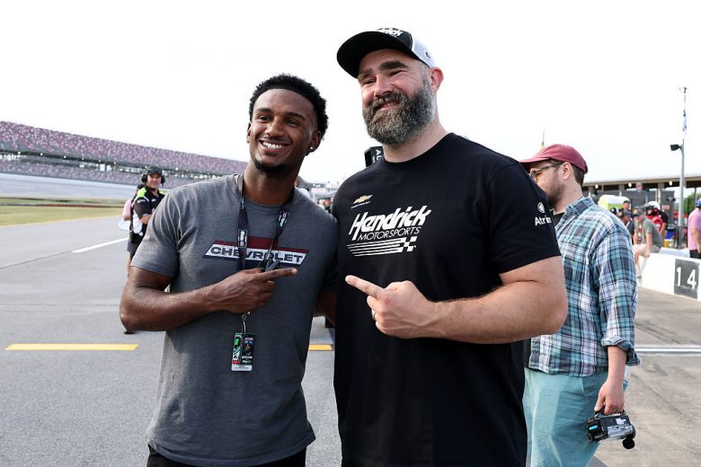 Lavar Scott and Jason Kelce look on.