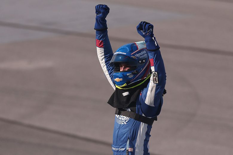 Corey Day celebrates after winning at Talladega.