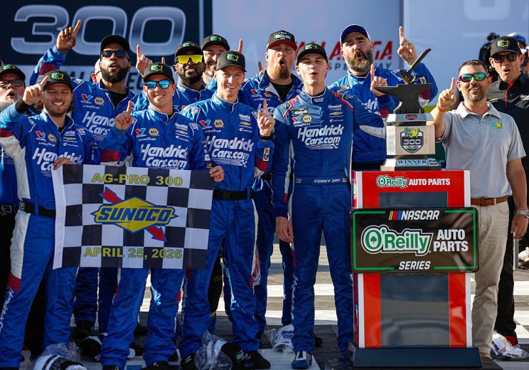 Corey Day celebrates in Victory Lane at Talladega.