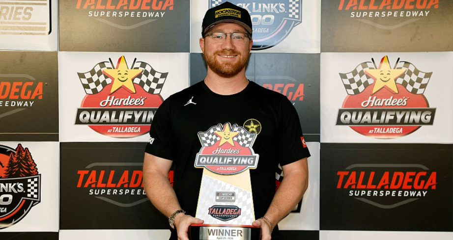 Tyler Reddick celebrates after winning the pole at Talladega.