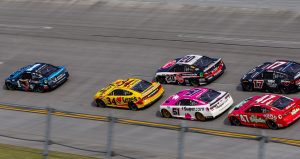 Ross Chastain leads a NASCAR Cup Series race at Talladega.