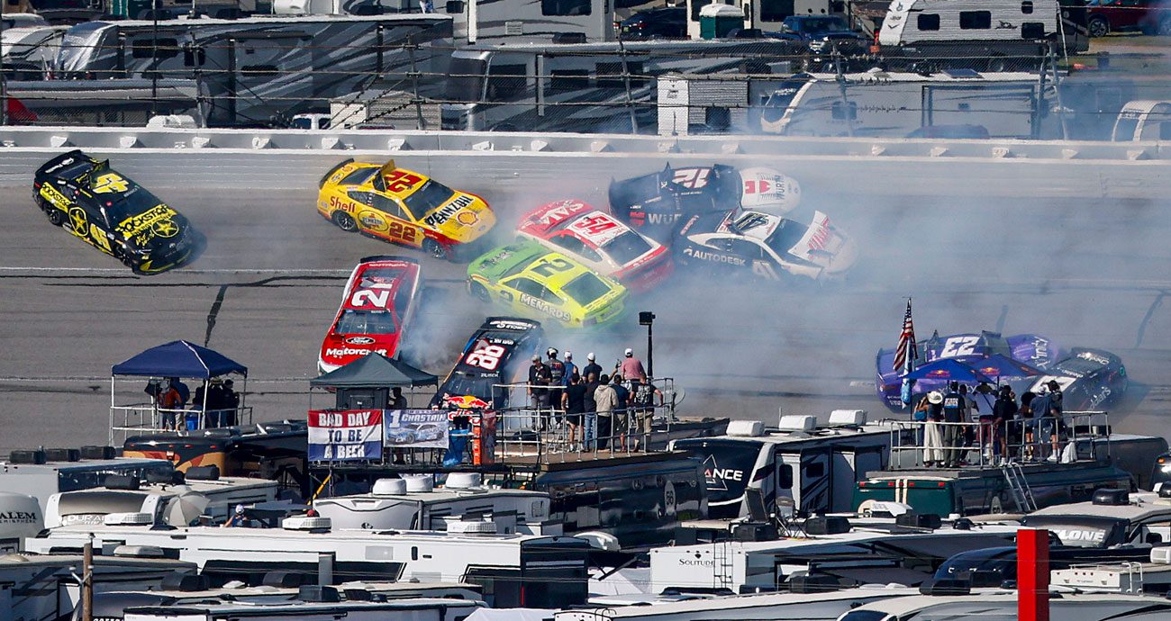 NASCAR Cup Series cars wreck at Talladega Superspeedway.