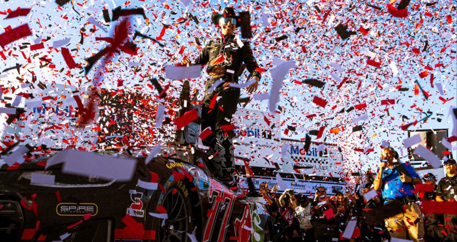 Carson Hocevar celebrates in Victory Lane at Talladega Superspeedway.
