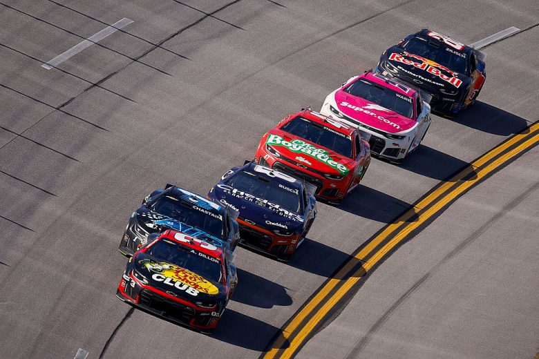 NASCAR Cup Series cars race at Talladega Superspeedway.