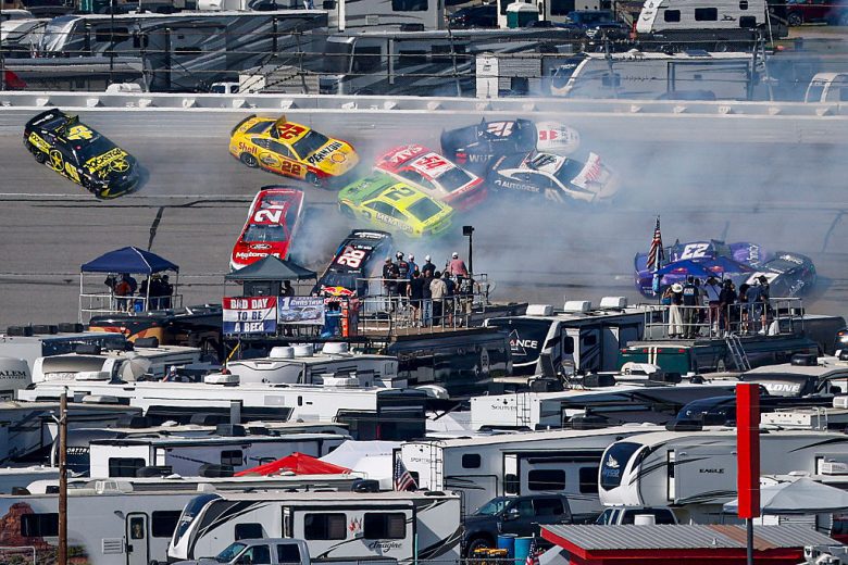 NASCAR Cup Series cars wreck at Talladega Superspeedway.