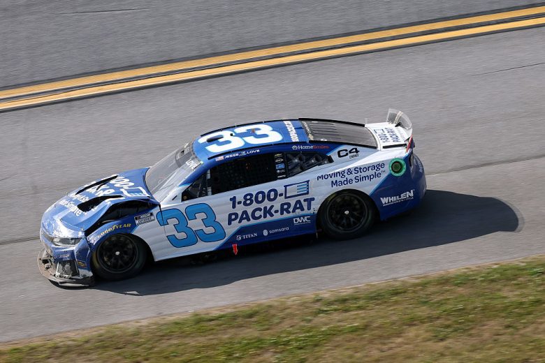The No. 33 Chevrolet shows damage following a NASCAR Cup Series wreck at Talladega Superspeedway.