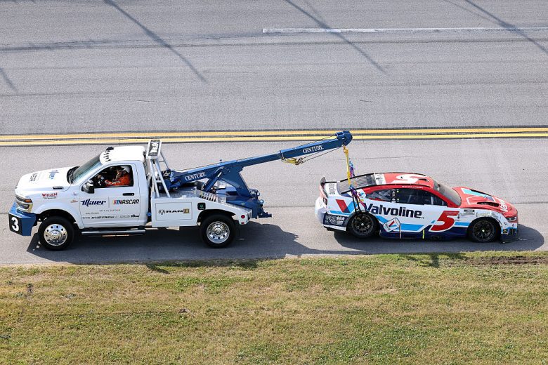 The No. 5 Chevrolet gets towed following a NASCAR Cup Series wreck at Talladega Superspeedway.