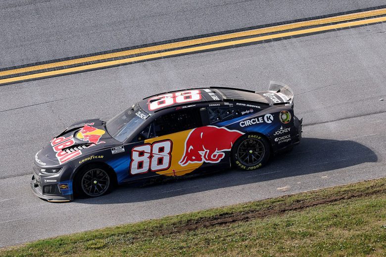 The No. 88 Chevrolet shows damage following a NASCAR Cup Series wreck at Talladega Superspeedway.