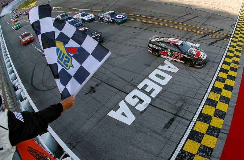Carson Hocevar crosses the start/finish line at Talladega Superspeedway.