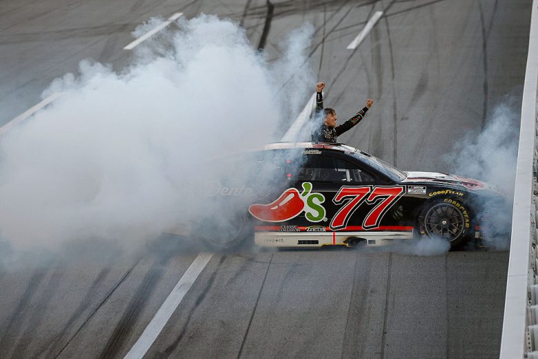 Carson Hocevar does a victory burnout at Talladega Superspeedway.