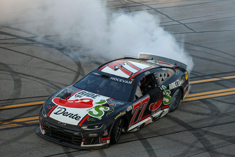 Carson Hocevar does a victory burnout.