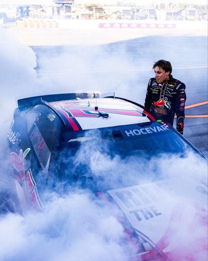 Carson Hocevar does a victory burnout at Talladega Superspeedway.