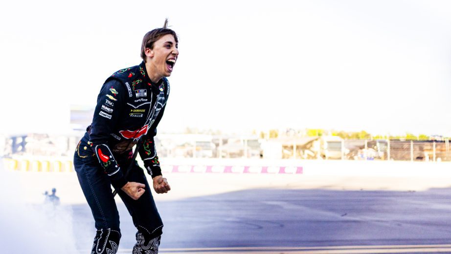 Carson Hocevar celebrates.