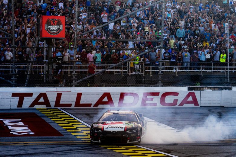 Carson Hocevar does a victory burnout at Talladega Superspeedway.