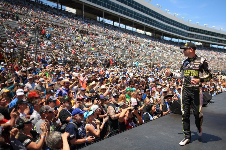 FORT WORTH, TEXAS - MAY 04: William Byron, driver of the #24 Raptor Chevrolet, walks onstage during driver intros prior to the NASCAR Cup Series Wรผrth 400 at Texas Motor Speedway on May 04, 2025 in Fort Worth, Texas.