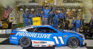 Promo Image for Hamlin hoists Nashville trophy in JGR's banner 1-2-3 finish