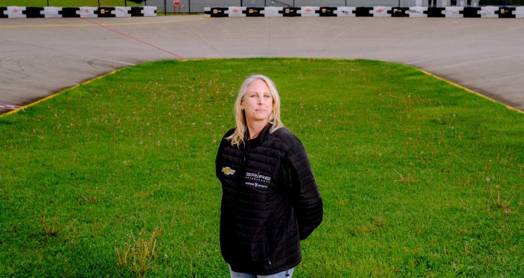 Amy Hocevar poses for a portrait at Little Kalamazoo Speedway