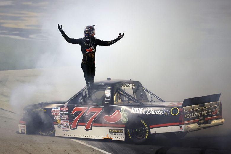 Carson Hocevar celebrates after winning at Texas.