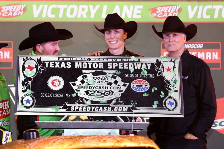 Carson Hocevar celebrates in Victory Lane at Texas.